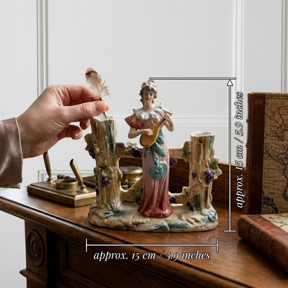 Antique German Bisque Lute Player Figurine Double Spill Vase Grape Vines c.1900 - Picture 3 of 6